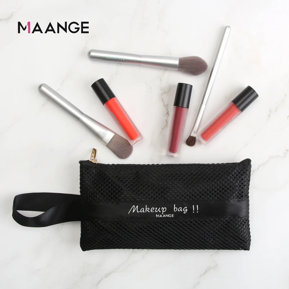 MAANGE Wholesale Custom Logo Portable Makeup Organizer Bags Travel Black Nylon Mesh Zipper Cosmetic Bag