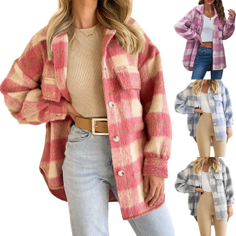2023 Autumn Winter Coat Women Clothes Plaid Mohair Coat Woolen Thick Coat Casual Loose Button Shirt Jacket Coat Female