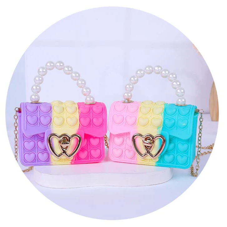 Hot Selling Child Crossbody Pearl Handbag Sling Purse Silicone Love Button Bubble Pop Jelly Bag Fifget Pop Itting Toys for Kids