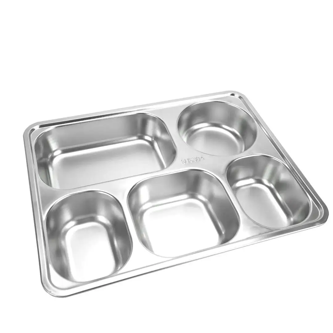 High Quality 4/5 Compartments Stainless Steel Hospital Prison Hotel School Restaurant Food Tray Serving Divided Tray Dining Plat