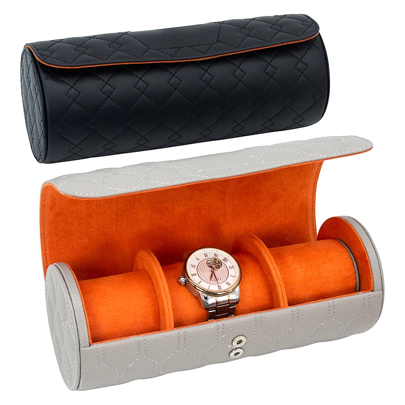 Dropshipping 3 Slots Round Black Watch Roll Leather Portable Travel Watch Case Box