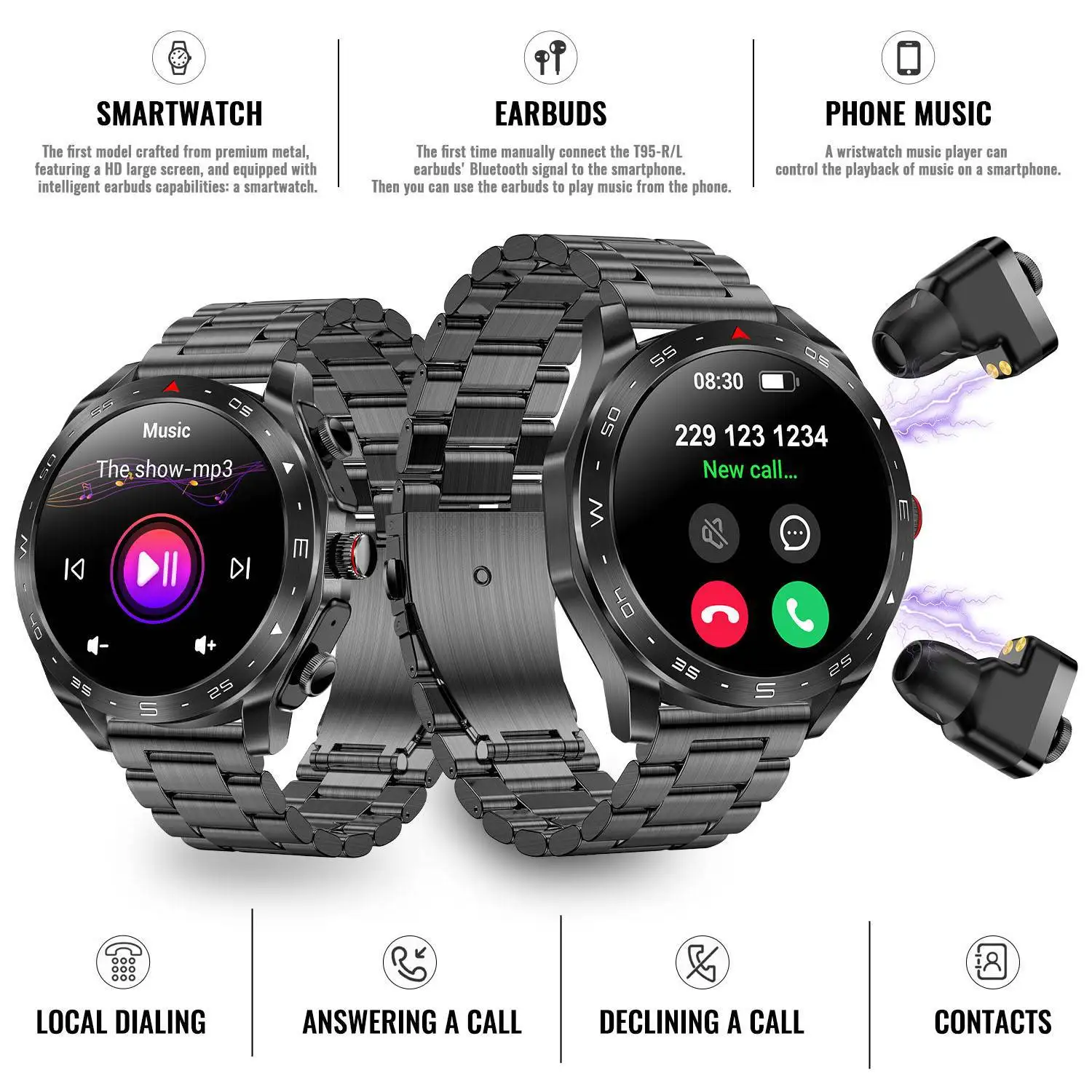 New T95 with TWS Bluetooth headset earphone smartwatch 1.52 inch AMOLED large screen battery bracelet smart watch