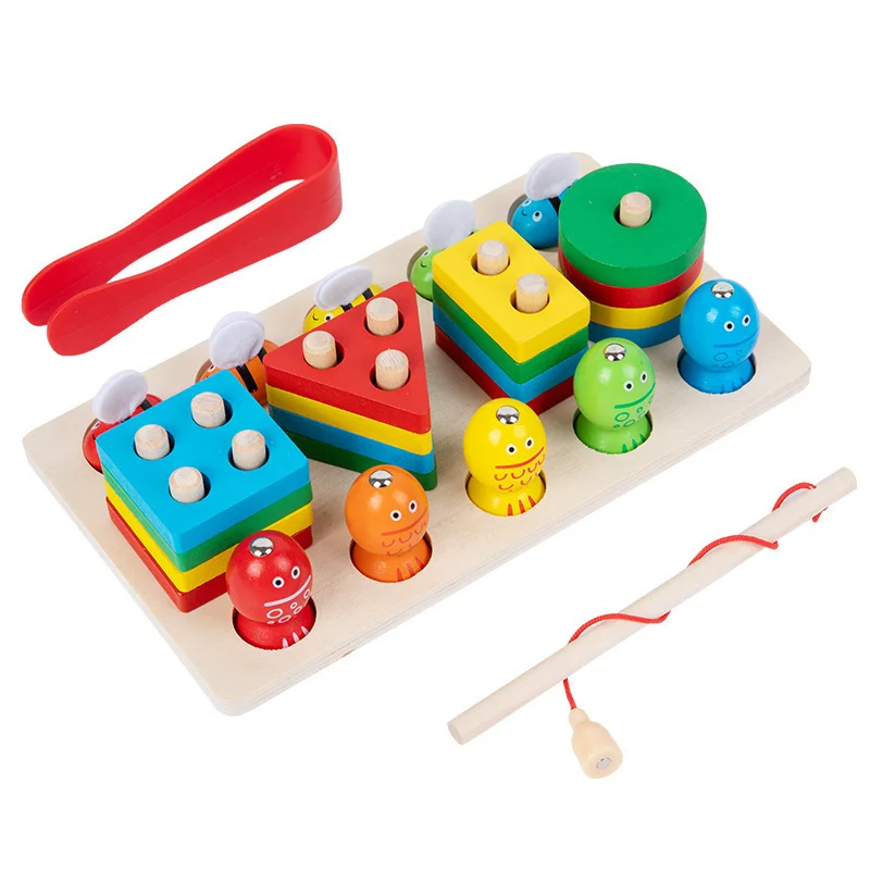 Wooden Sorting Stacking Blocks Toys Shape Color Sorter Puzzle Magnetic Fishing Montessori Game for Toddler
