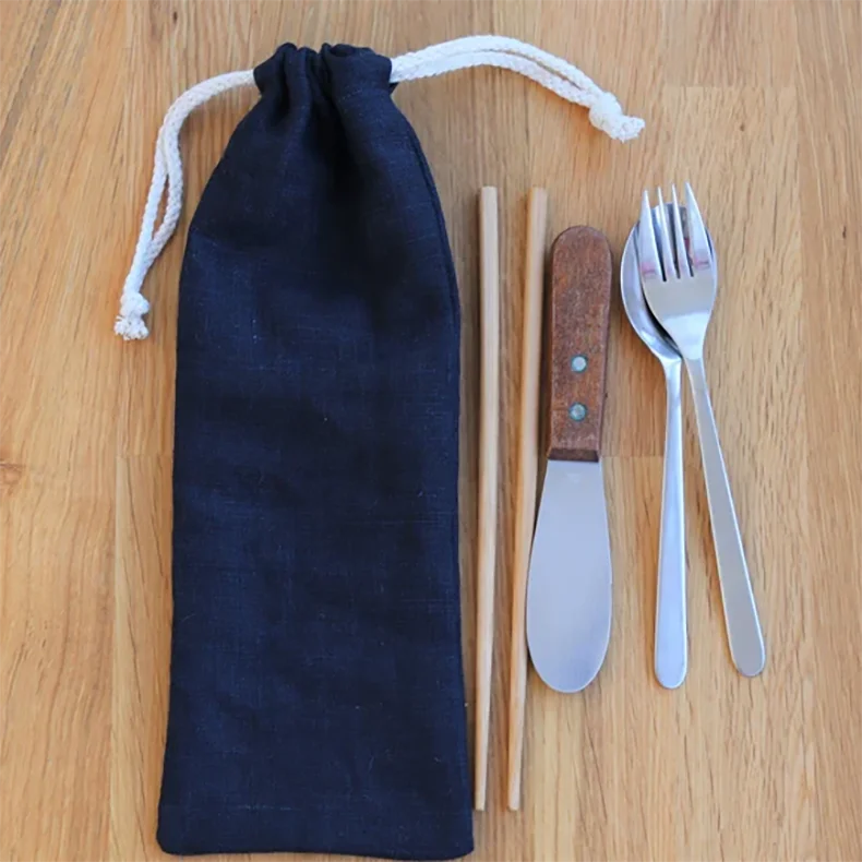 Linen Cutlery Set Wrap,Reusable Spoon Holder for Soup,Cotton Linen Drawstring Bag