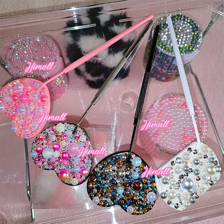 Square Makeup heart Kitty Diamond setting Mirror for Eyelash Extension Handheld with Handle Hand Mirror lash Salon Mirrors