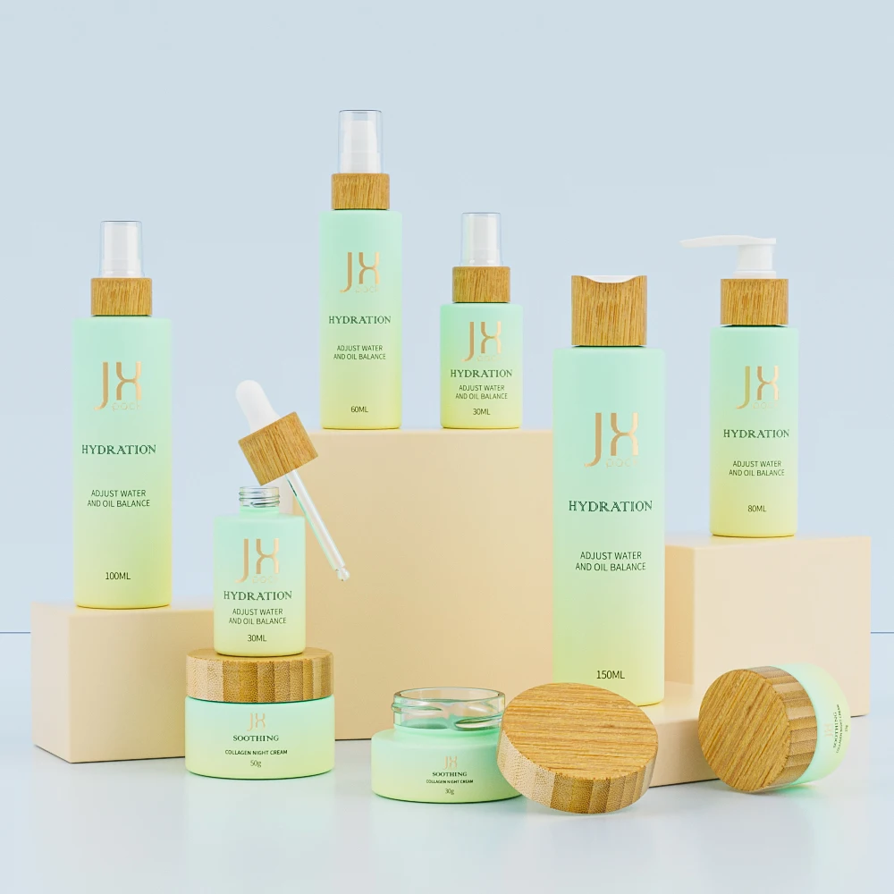 Wholesale Matte Frosted Glass  Luxury Skin Care Cream Packaging Bamboo Lid Jars And Bottles For Cosmetic