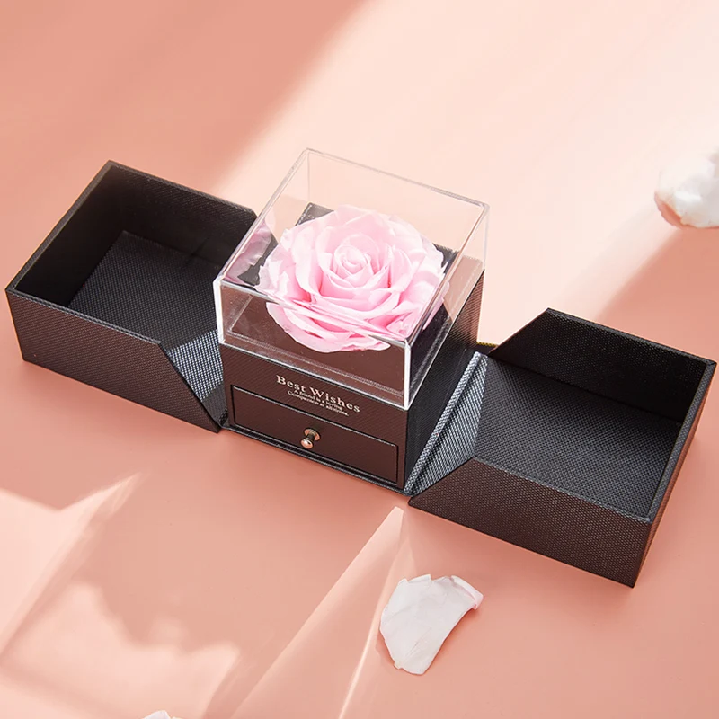 UO Luxury Jewelry Box For Rings / Necklaces / Bracelets Eternally Preserved Real Roses with I Love You Necklace in 100 Languages