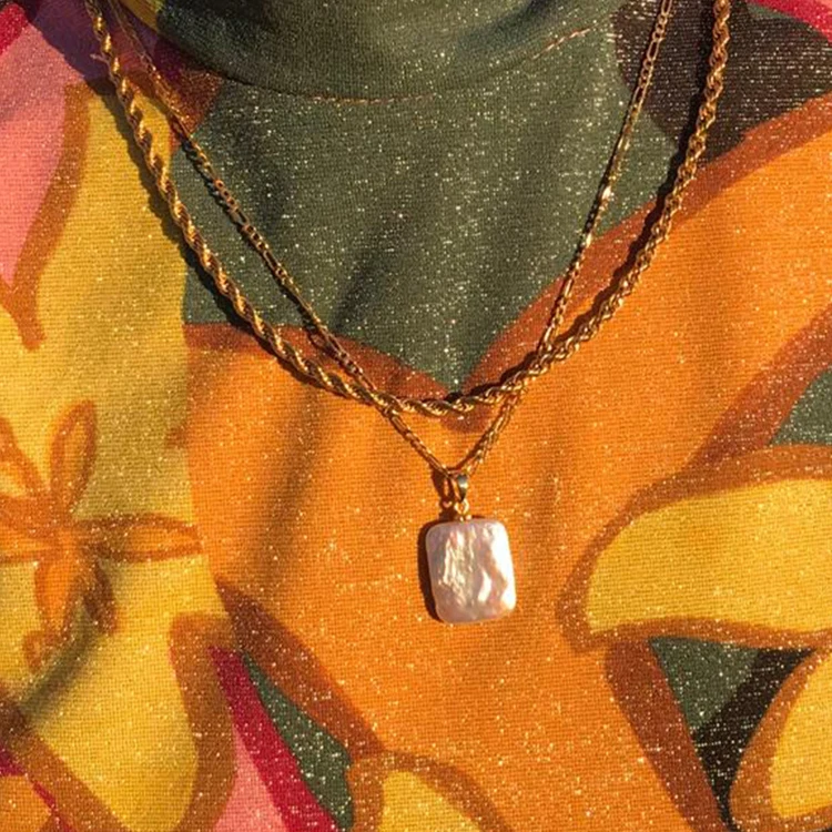 Delicate figaro chain Freshwater Pearl Independent Necklace Baroque pearl square pendant stainless steel non tarnished jewelry