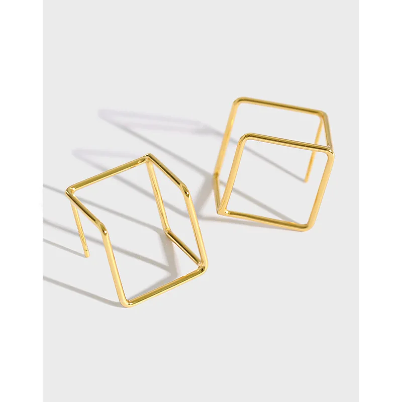 LANDY Fashion S925 Sterling Silver Simple Geometric Square Hollow Earrings