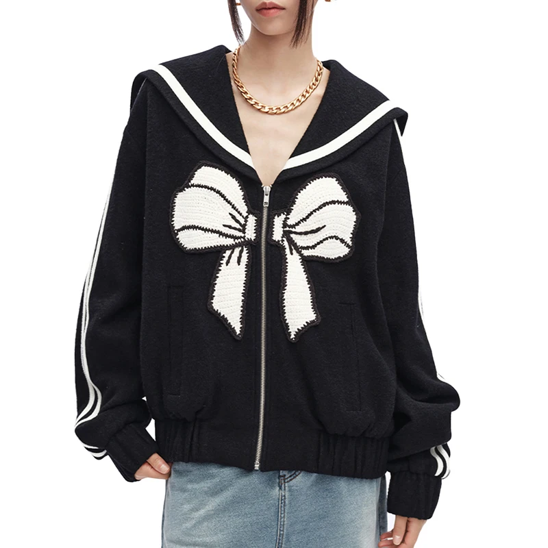 CHICEVER Sweatshirt Women Korean Embroidery Bowknot Cardigan Womens Sweatshirt 2022 Fall New