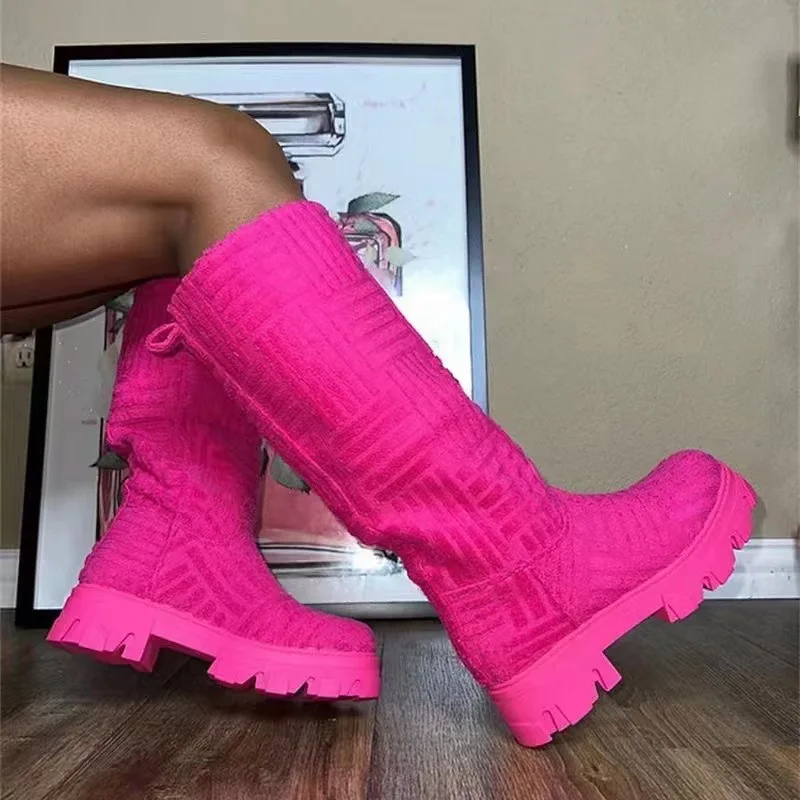 2022 Winter Boots women Shoes Slip On Street wear  New Fabric Platform boot Knee High Towel Boots For Women