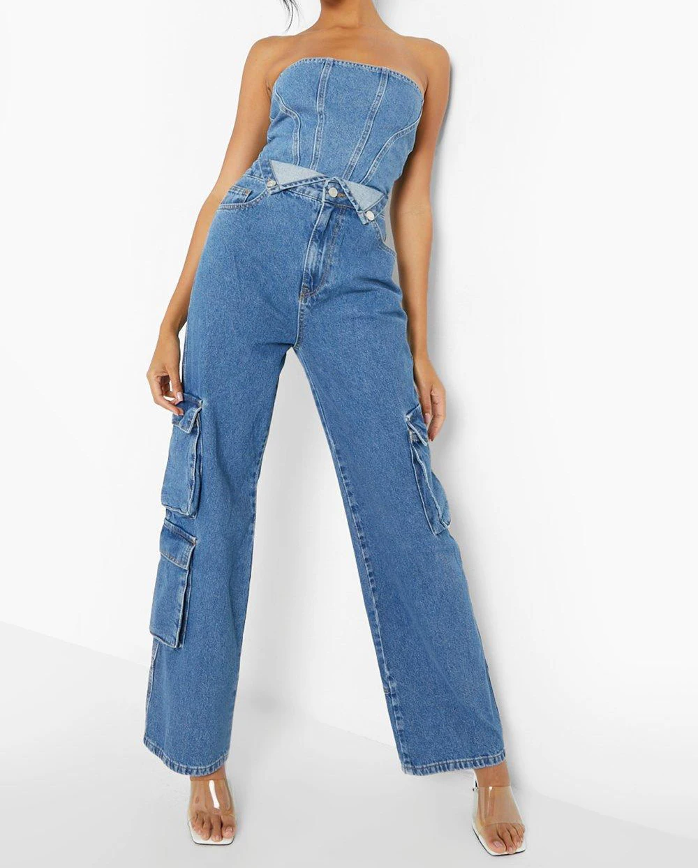 OEM ODM Custom High Quality Denim Cargo Pants Trousers 100% Cotton Straight Leg Loose Fit Pocket Utility Women Cargo Jeans