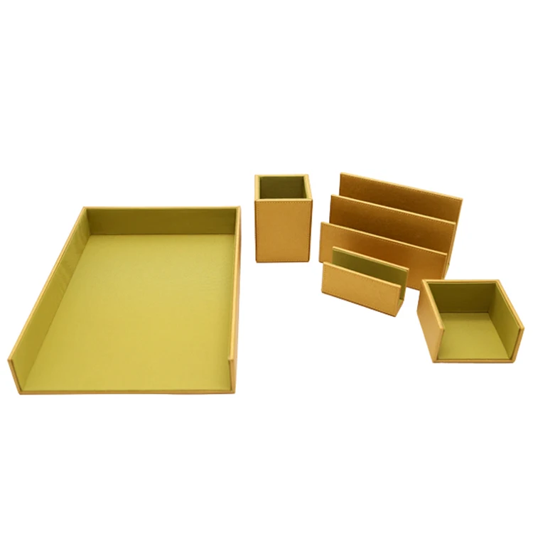 luxury gold branded leather pen stand business card desk organizer tray office accessories