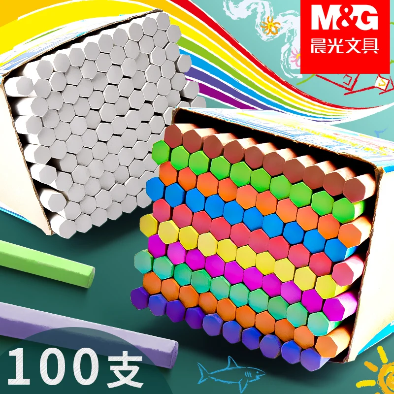 M&G 100 PCS High Quality Hexagonal Colored Chalks Gypsum and Calcium Material for Teaching and Educational Writing Supplies