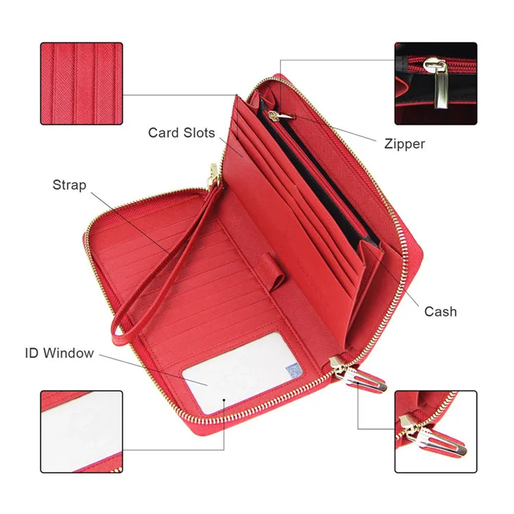 Ladies Fashion Travel Purse Zip Around Clutch Wallets Wristlet RFID Blocking PU Leather Women Long Wallet