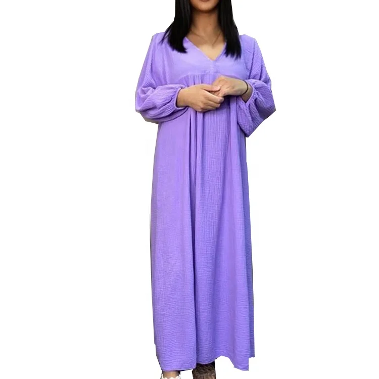 2023 Solid Elegant Women Lantern Sleeve Loose V Neck Woman Cotton Long Maxi  Boho Dresses Women Summer