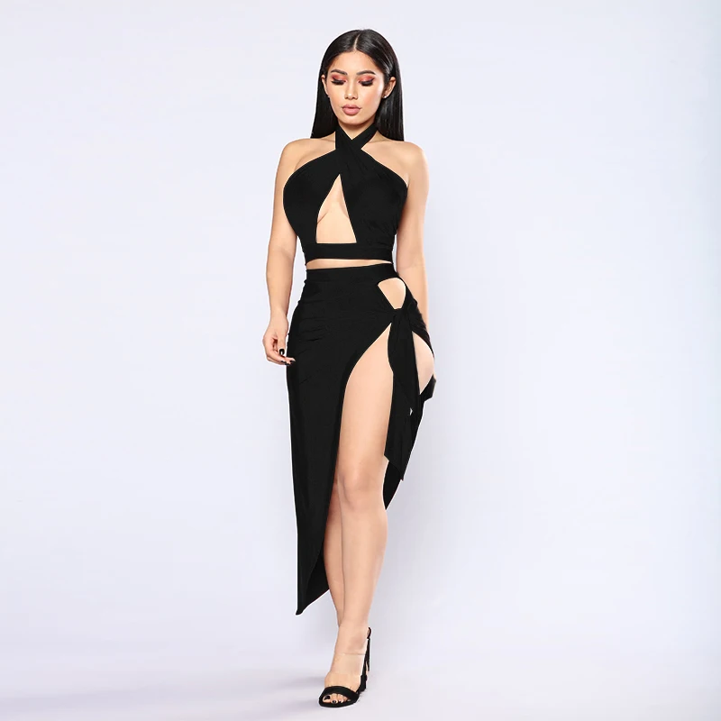 Новое поступление, женское платье с лямкой на шее и высоким разрезом, сексуальное платье для ночного клуба