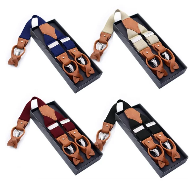Multi-function 3 Clips Genuine Leather Braces Y-Back Shape Elastic Stretch  Men Suspender with Gift Box