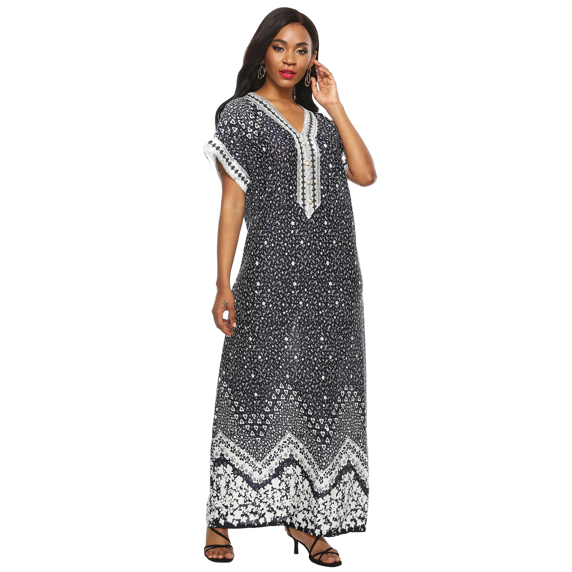 Wholesale Fashion Beach Summer Dress Women Loose Half Sleeve National Style Print Dress Plus Size Sundress