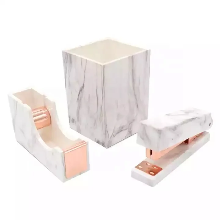 Marble White Desk Organizers Set  Gold Stapler Staples Tape Dispenser Pen  Holder
