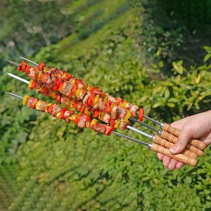 Mydays Outdoor BBQ Grills Flat Barbecue Metal Stainless Steel Kebab Skewers With Long Handle For Camping Picnic