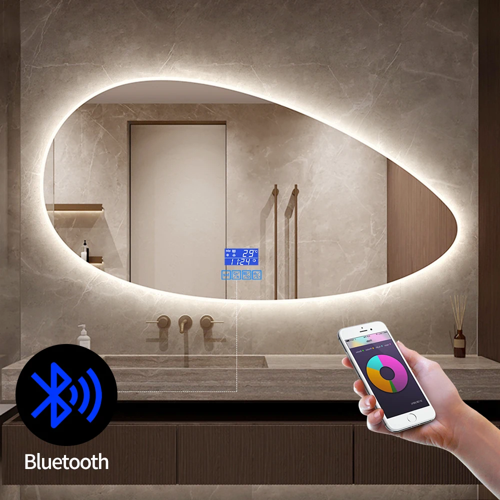 Luxury Irregular Led Mirror Touch Screen Bathroom Mirror With Heating Defog Smart Mirror For Villa Hotel Project