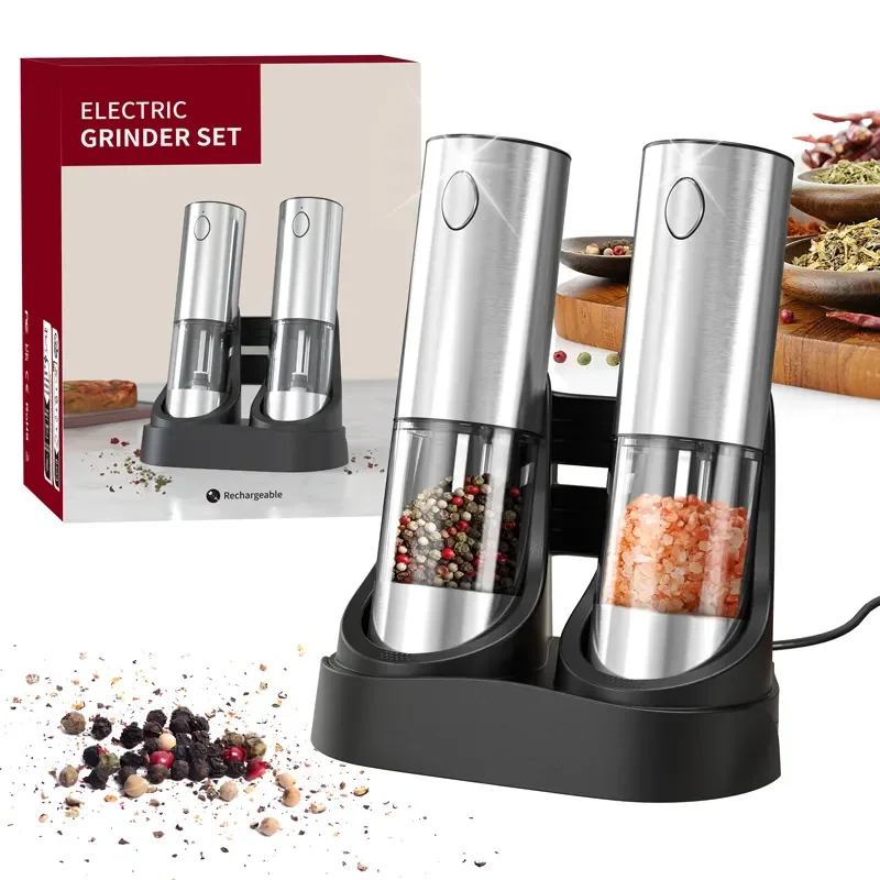 2024 Biggest Capacity 190ML Rechargeable Base Electric Salt and Pepper Grinder Set with Base