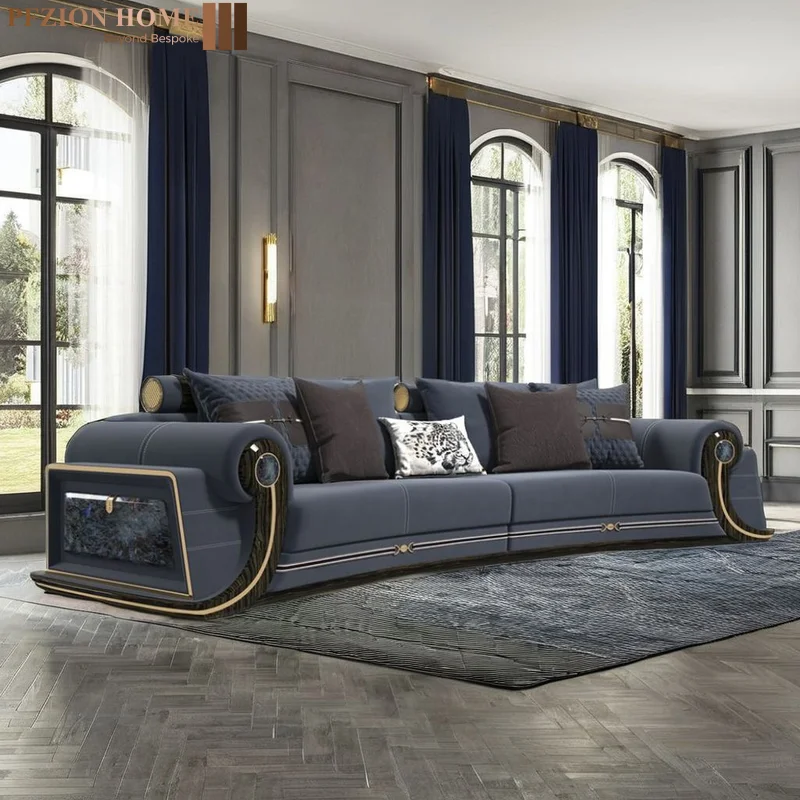Original Design Luxury Sofa Genuine Leather Natural jadeite luxury stone Wood Frame Villa Living Room Sofa Furniture