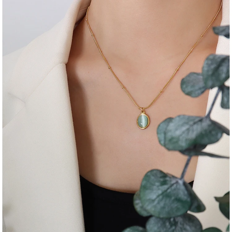 Oval Sky Blue Cymophane Opal 316L Stainless Steel Necklace Clear Stone 18K Gold Plated Necklaces Women French Vintage Jewelry