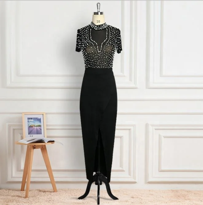 Women Fashion Sexy Dress Open Hairpin Round Neck Tulle Beaded Short Sleeve Women Evening Party Dress