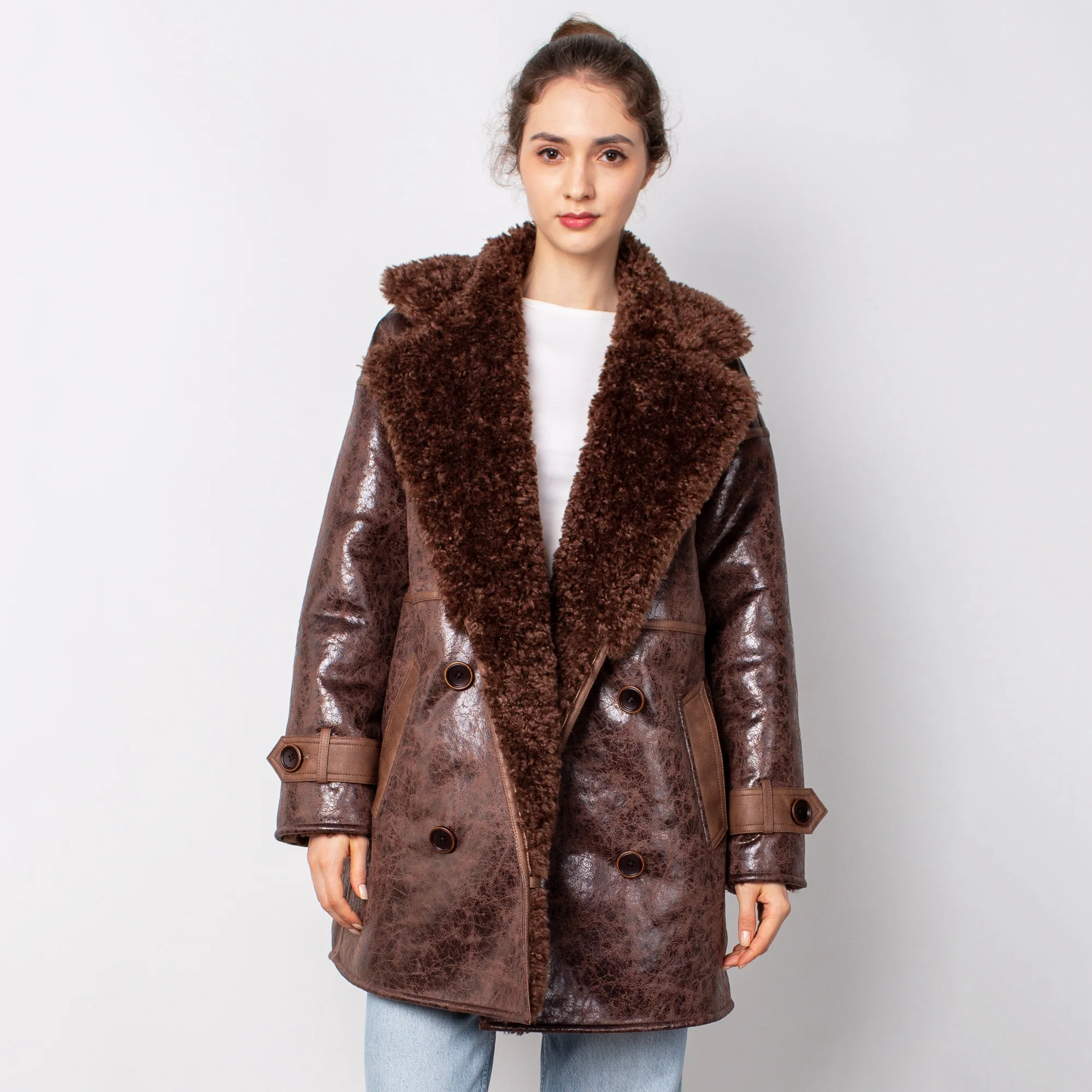 New Arrival Cheap Price Thick Warm Istanbul Faux Goat Fur Skin Coat Women Faux Fur Lining Winter Jacket Fur Big Turn-down Collar
