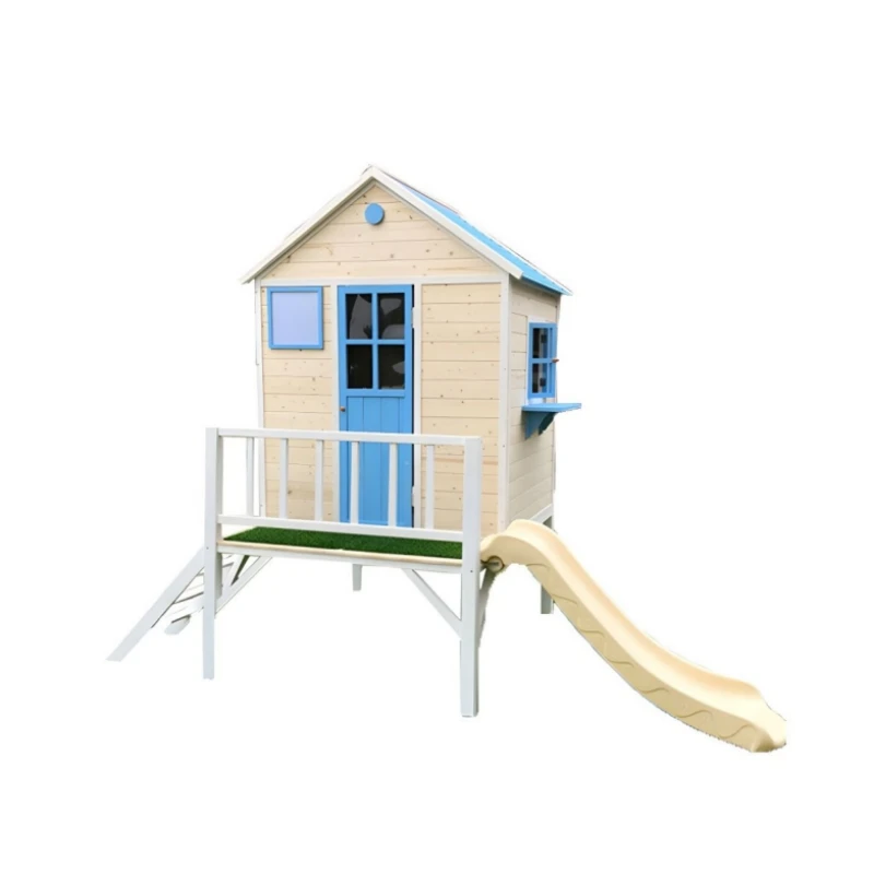 Outdoor Backyard Wooden Play Home with Slide  for Kids Playing