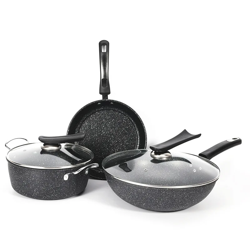 New 3-Piece Medical Stone Non-Stick Cookware Set Smokeless Non-Stick Wok and Soup Pot for Steak Frying Soup Fare Family Gift