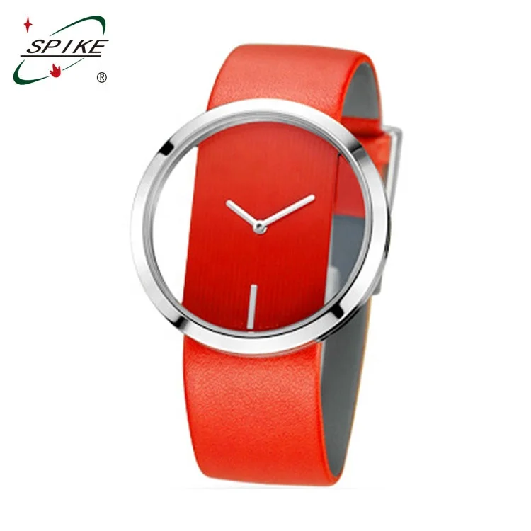 Leather Band Quartz Lady Watch Transparent case leather watch one piece watch band