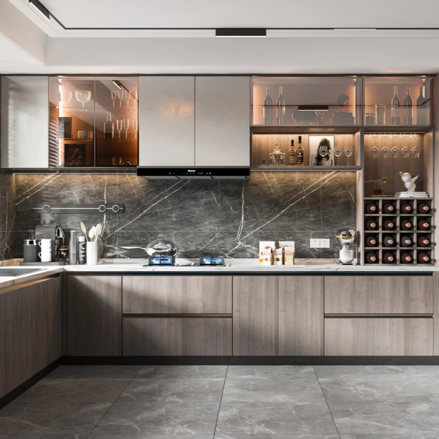 Cabinets wood kitchen shaker Simple Corner Kitchen Cabinet Warm White color with Glass Kitchen Door