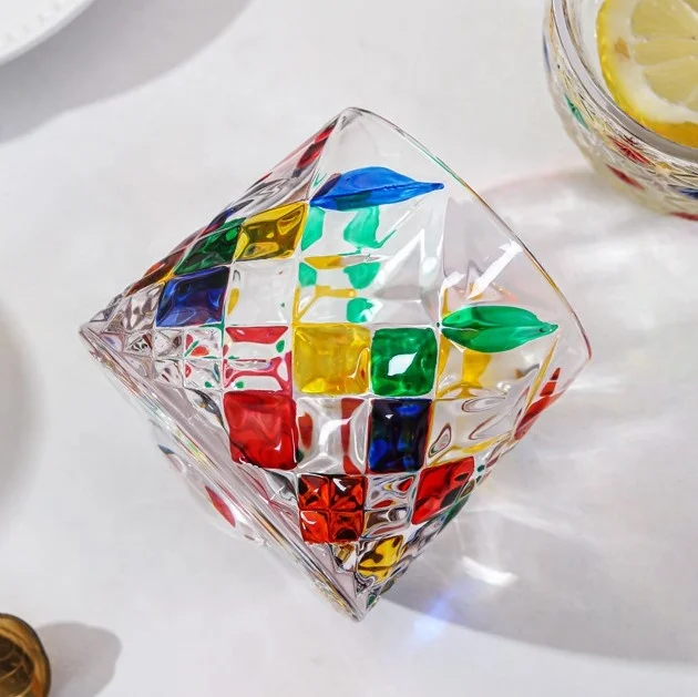 Colorful hand painted creative rotating glass beer mug transparent for premium bar drinking glass with wooden base and color box