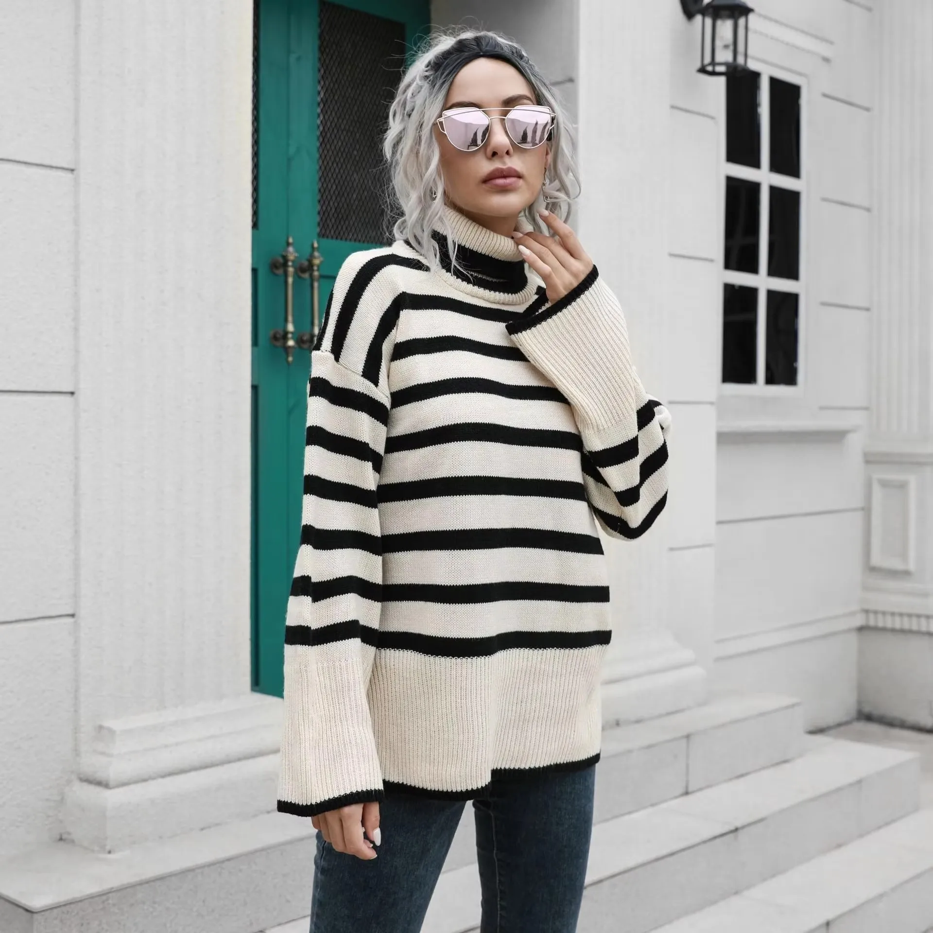 Striped side slit turtleneck mid-long sweater women loose autumn and winter new European and American sweater