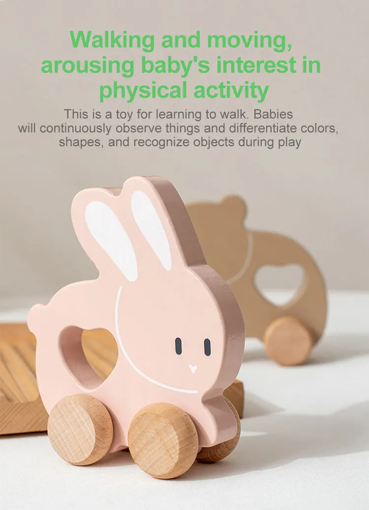 Baby Solid Wooden Log Color Rabbit Bear Mini Hand Holding Pushing Grip Inertial Trolley Kid Early Car Other Educational Toy