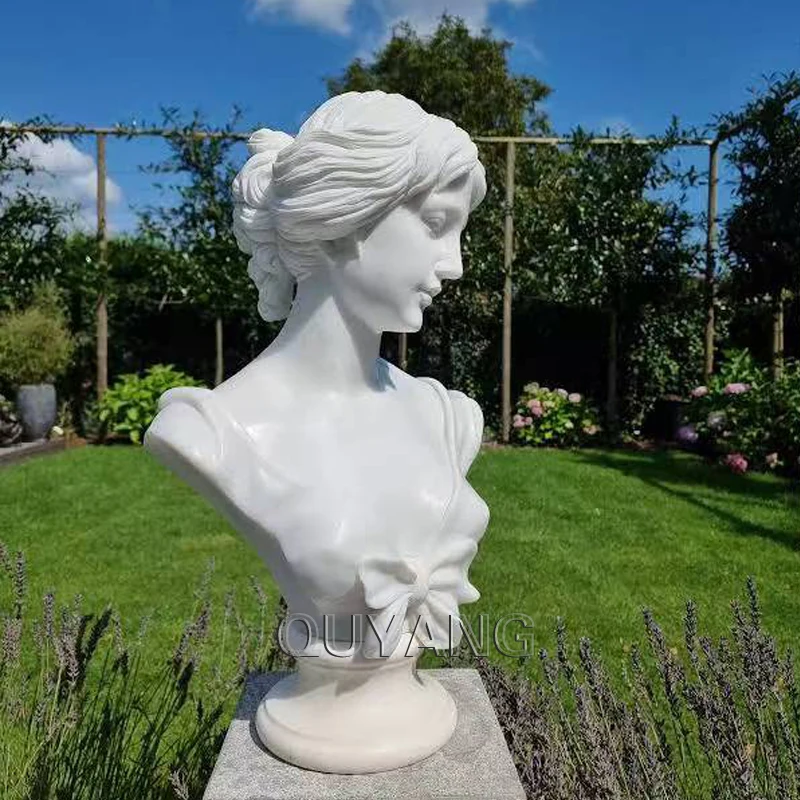 QUYANG Life Size Antique Home Decoration White Marble Young Girl Head Sculpture Lady Carving Stone Bust Statue