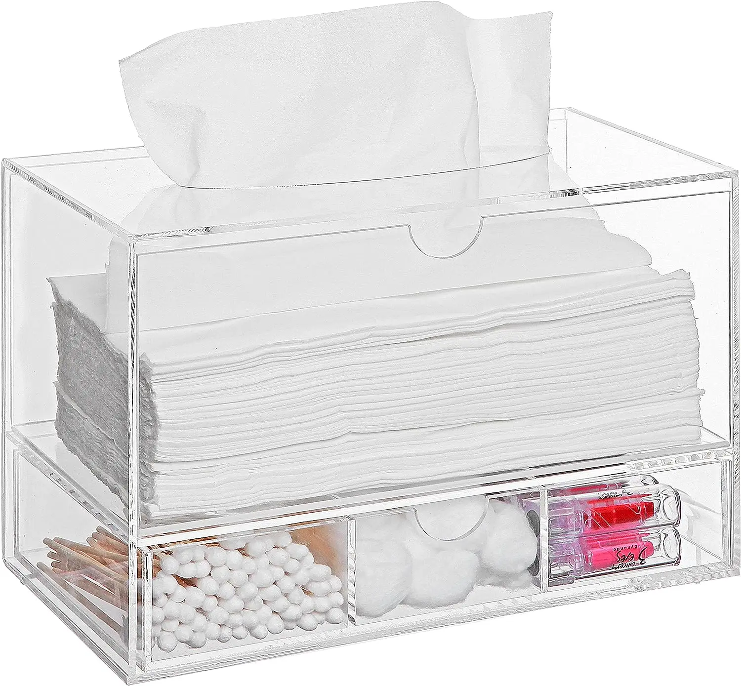 Factory Wholesales Modern Clear Acrylic Countertop Pull Out Storage Drawer/Cosmetic Organizer Box w/Tissue Dispenser