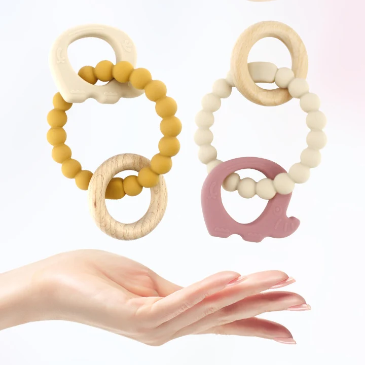 BPA Free Silicone Beads With Wood Ring Durable Three In One Baby Teething Toys