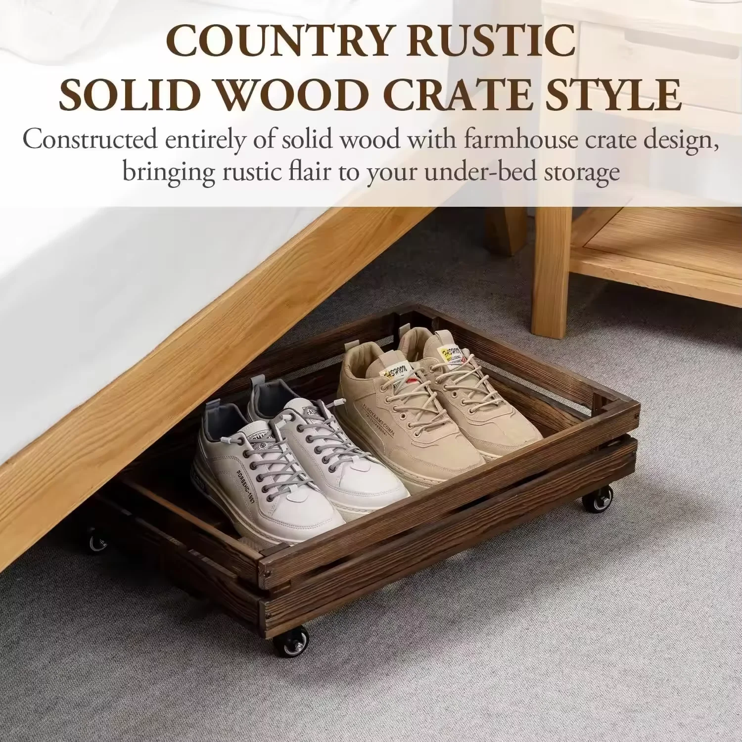 Solid Wood Under Bed Storage with Wheels Underbed Drawers Underneath with Handle Wooden Crate Clothes Storage Containers