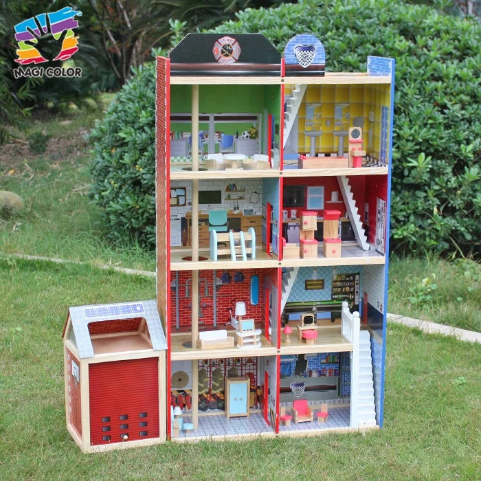 OEM / ODM 4 layers doll house wooden fire station toy for boys W06A138