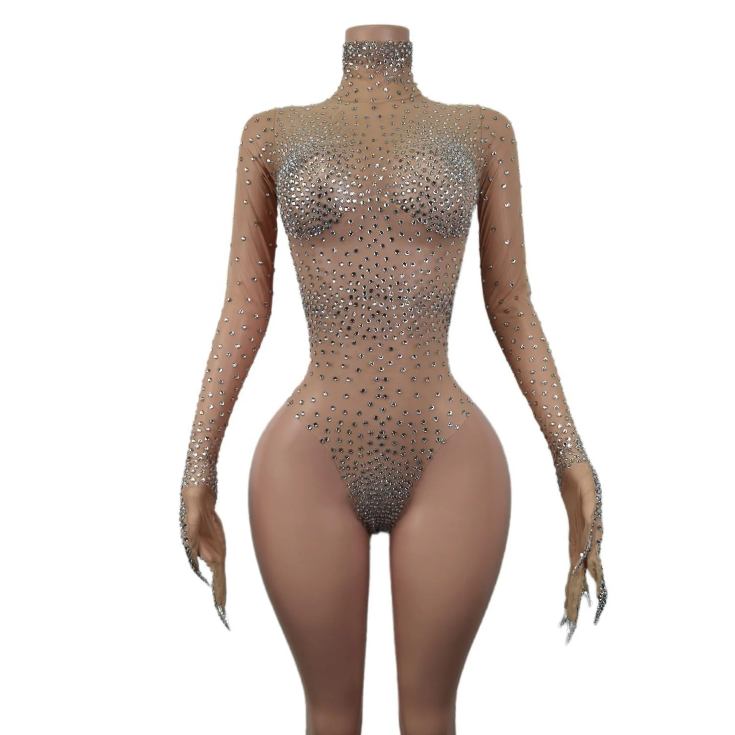 Wholesale Sexy See Through Mesh Rhinestone Bodysuits Ladies Dancer Performance Wear Bodycon Rompers Women Party Jumpsuits