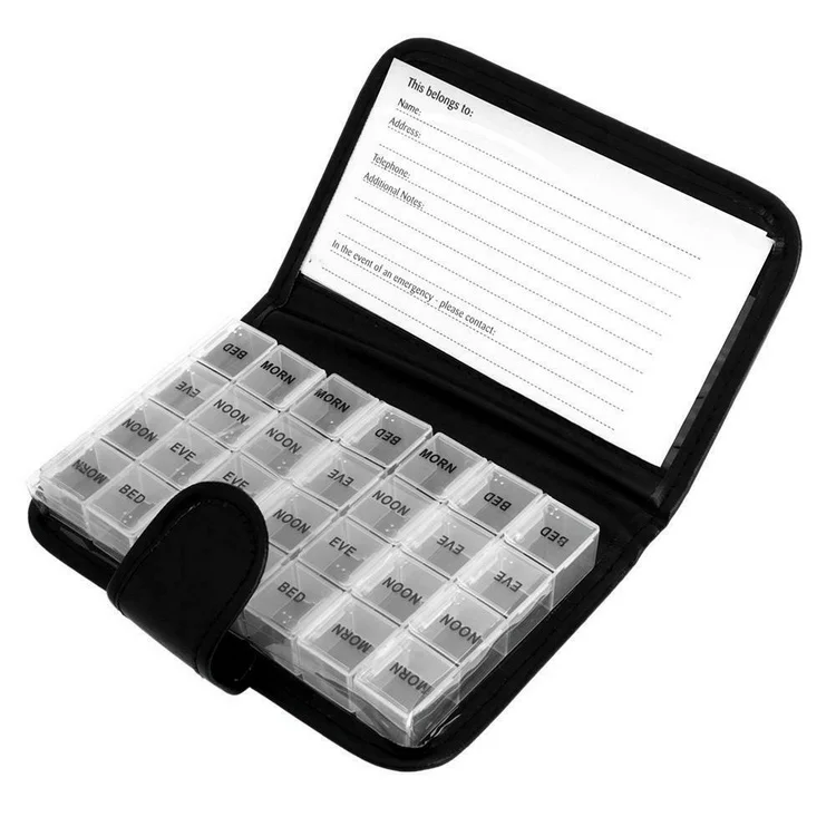 28 Compartments Weekly Monthly Am Pm Medicine Storage Manufacturer Directly Sale rainbow 7 Colors Pill Box with PU Bag