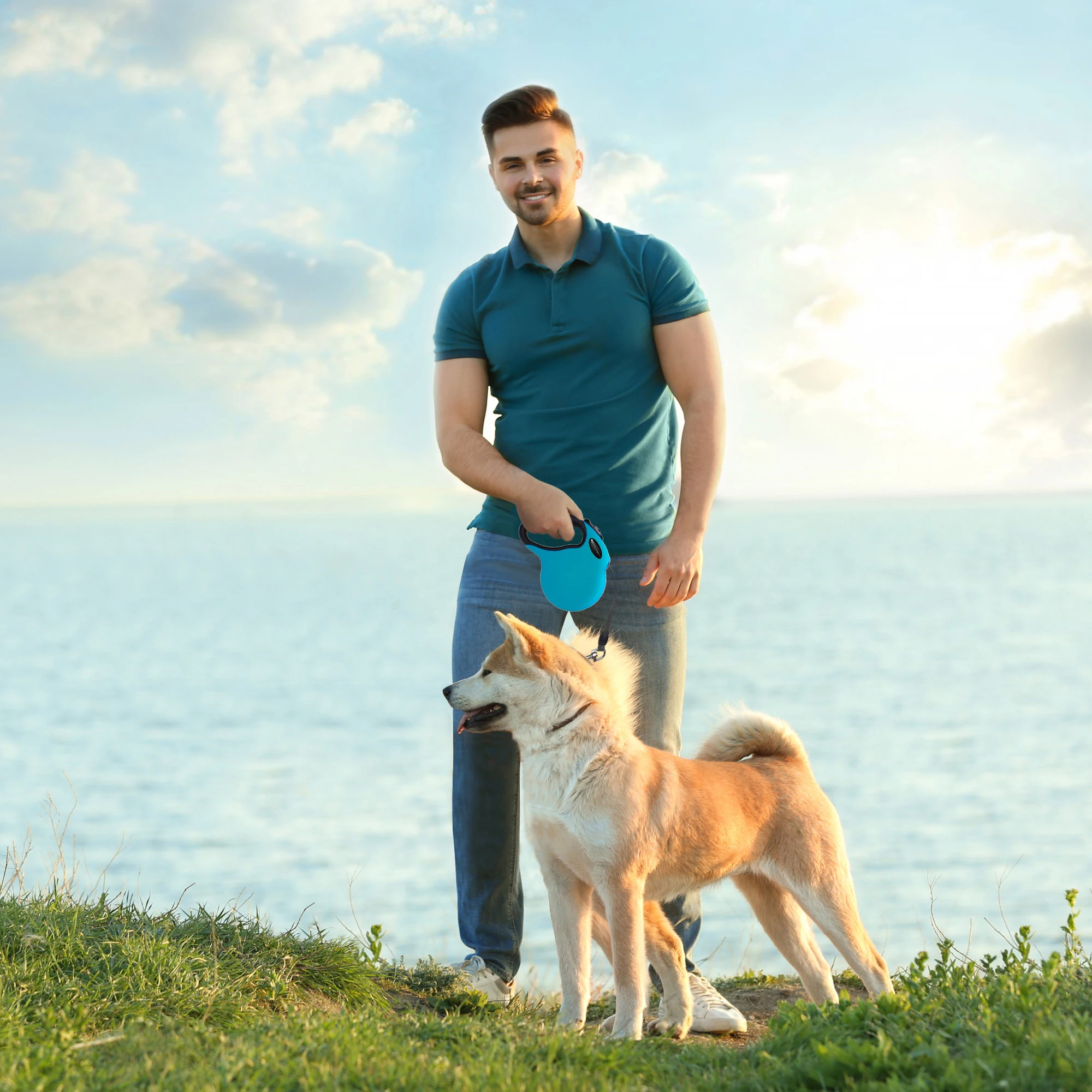 LEAD PET Retractable Dog Leash With Anti-Slip Handle 16 ft Strong Nylon Reflective Tape One Handed Brake Free Movement