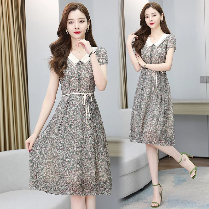 Новое летнее платье с цветочным принтом, женское платье, с коротким рукавом, с воротником в кукольном стиле шифоновое платье с завязкой на талии