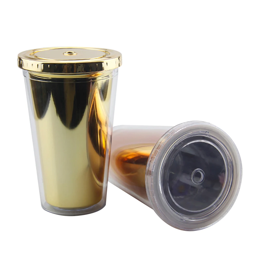 
Wal-mart audit approved new design golde stamping effect 16oz double wall plastic straw cup with a lid 