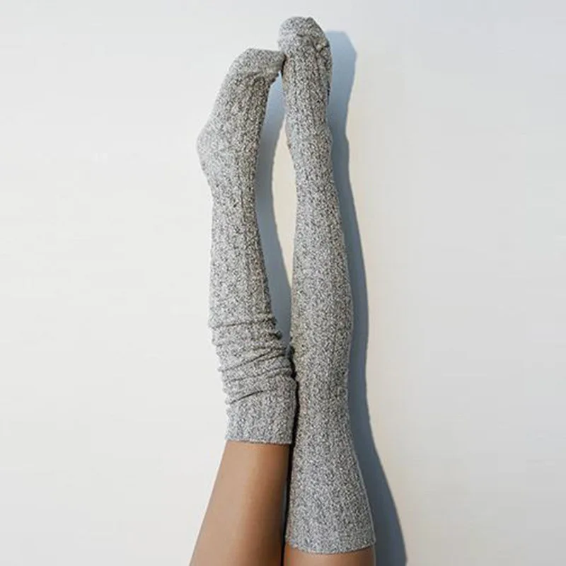 Wholesale warm Solid Color Floor Slouch long Knitted Sock for women Winter Stocking thigh high socks