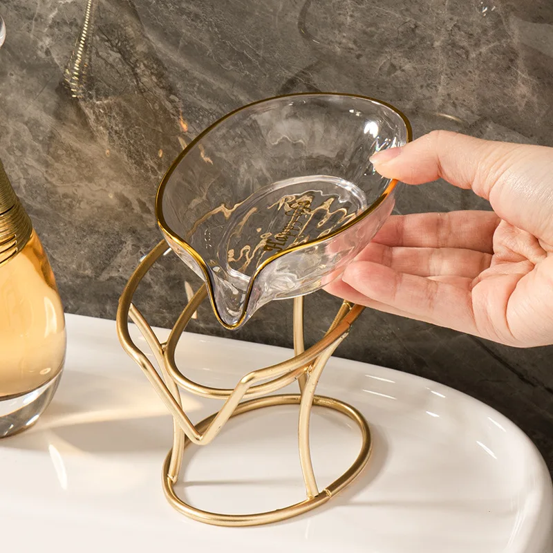 Leaf Shape Soap Dish Holder,Soap Dish Holder With With Golden Metal Stand,Elevated Soap Dry Dishes